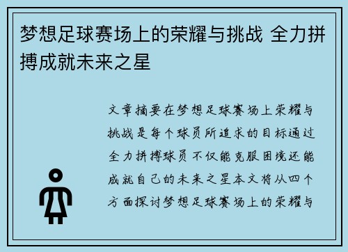 梦想足球赛场上的荣耀与挑战 全力拼搏成就未来之星