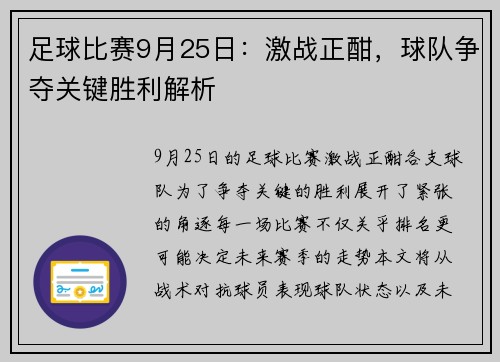 足球比赛9月25日：激战正酣，球队争夺关键胜利解析