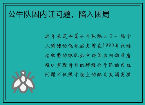 公牛队因内讧问题，陷入困局