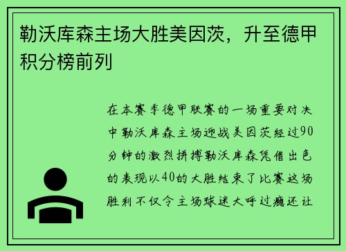 勒沃库森主场大胜美因茨，升至德甲积分榜前列
