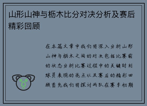 山形山神与枥木比分对决分析及赛后精彩回顾